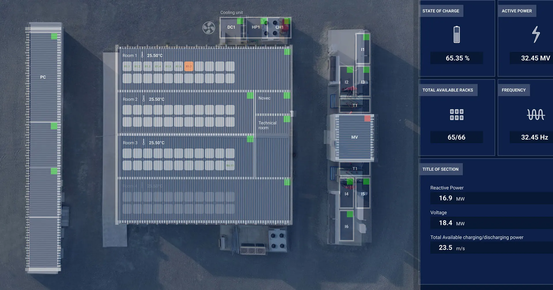 Top-down operational view of energy infrastructure with live equipment status panels